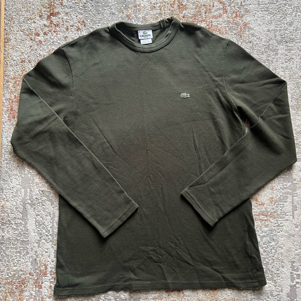 Lacoste Waffle Knit Olive Green Long Sleeve Crewneck Shirt